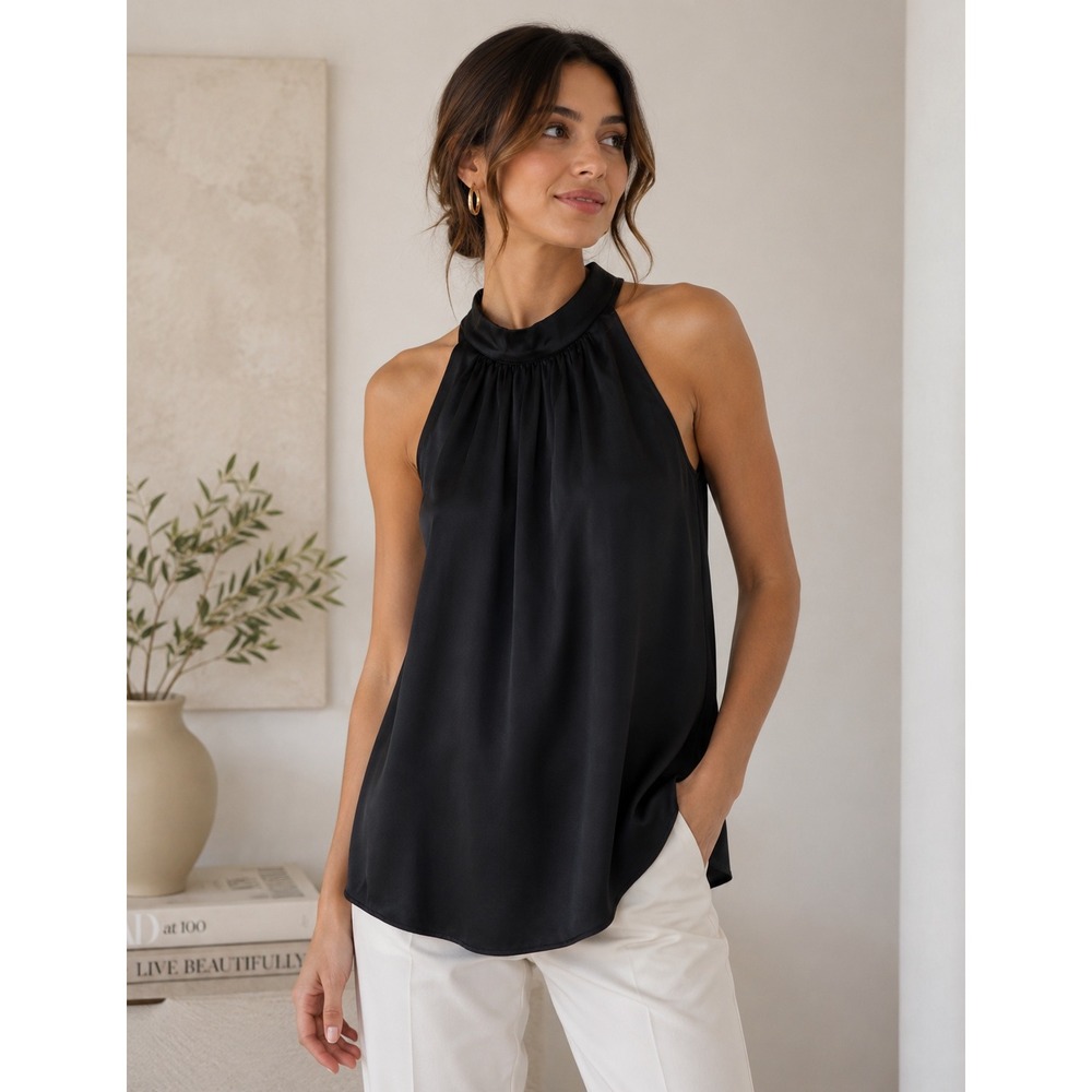 Quince Black 100% Washable Silk Halter Top Blouse Size M NEW